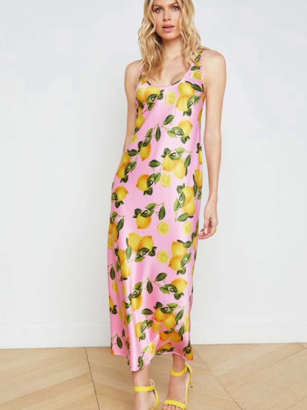 L’Agence Akiya Silk Maxi Slip Dress — pink with Yellow Lemon Print